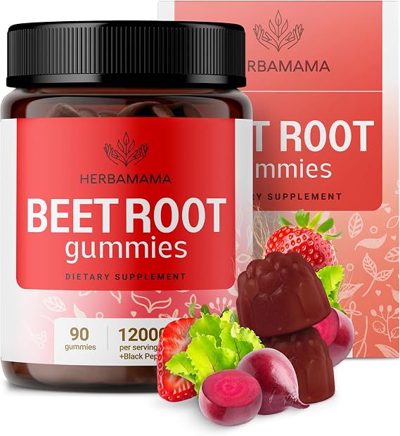 HERBAMAMA Beet Root Gummies - Beets Supplements for Energy & Immune Support - Circulation & Heart Support Supplements - 90 Beet Root Chews (45 Servings)