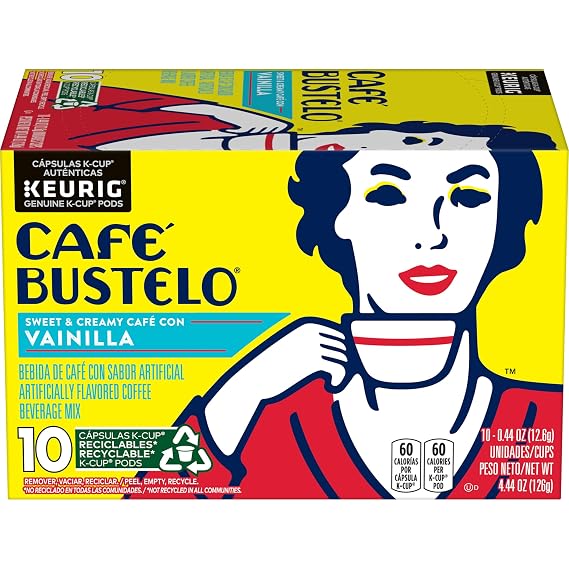 Cafe Bustelo Cafe con Vainilla Flavored Coffee Beverage Mix, 10 Pods | Compatible with Keurig brewers (Not affiliated. See full product description), Sweet, Creamy, Shelf stable, SNAP EBT eligible