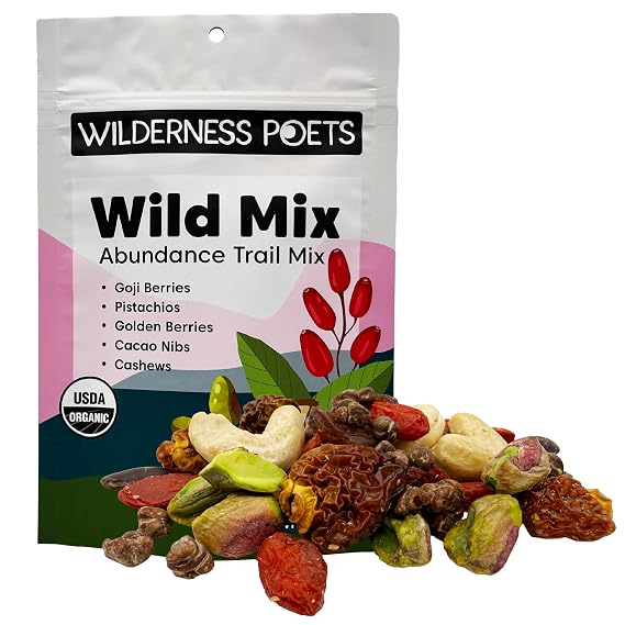 Wilderness Poets, Abundance Wild Mix - Organic Raw Superfood Blend (8 Ounce) Cashew, Pistachio, Goji Berry, Cacao, Golden Raisin, Golden Berry Trail Mix