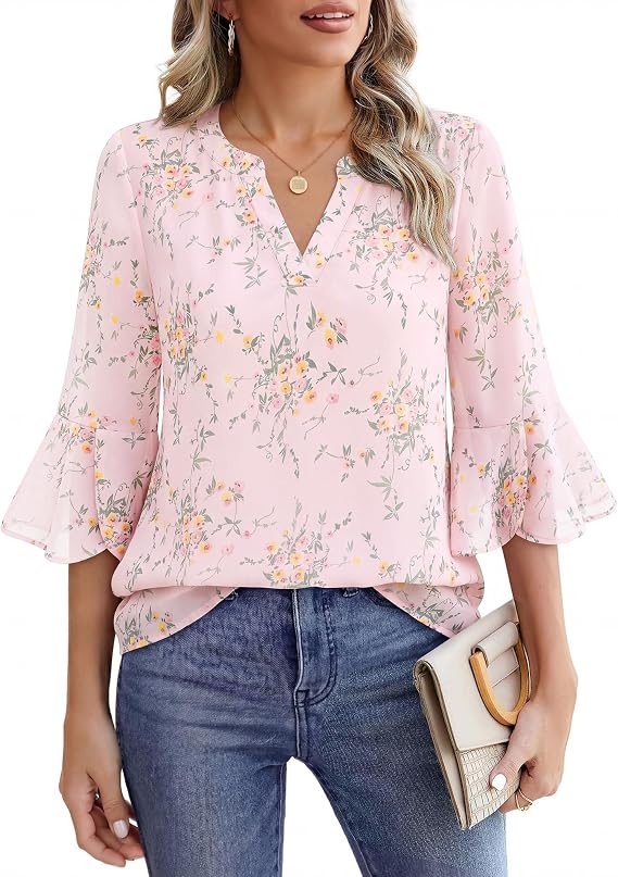 VALOLIA Womens 3/4 Sleeve Tops Dressy Casual Chiffon Blouses Floral Print V-Neck Work Office Shirts