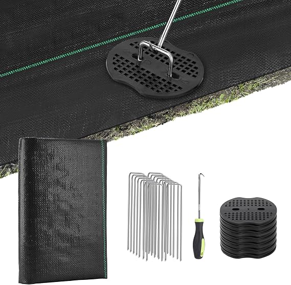 PAMASE Landscape Weed Barrier Fabric - 20pcs Tear-Proof Gaskets, 20pcs Garden Stakes, Pick Hook, 3.2oz Heavy Duty Outdoor Ground Cover Weed Cloth Control - 3 x 50ft