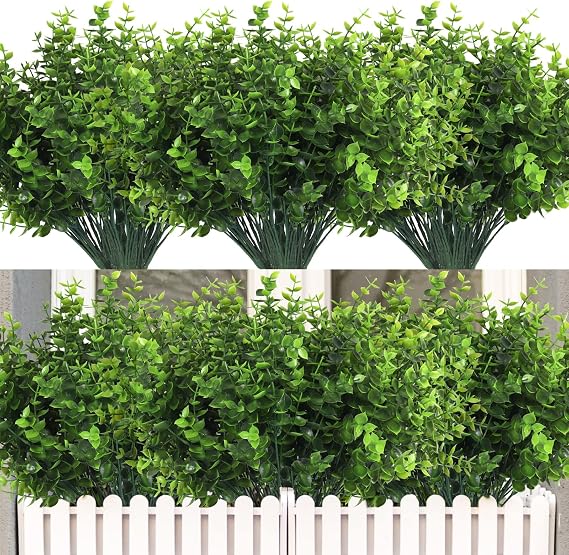 RECUTMS Artificial Boxwood Stems Fake Eucalyptus Plants UV Resistant 12Pcs | Faux Flowers for Outdoor Planters Faux Spring Greenery Shrubs,Brighten up Wedding Home Kitchen Garden Patio Yard Indoor Decor