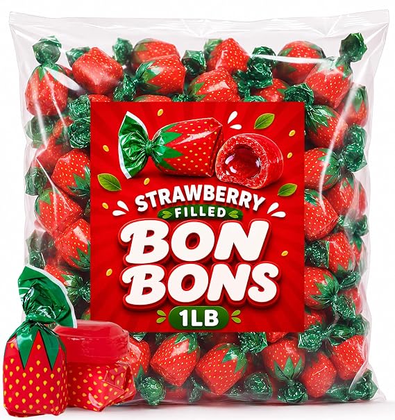 Strawberry Filled Hard Candy | 1 LB Value Bag |,Individually Wrapped Strawberry Candy with Juicy Center, Sweet Fruity Hard Candy, Perfect for Candy Bowls, Office, Parties & Sharing
