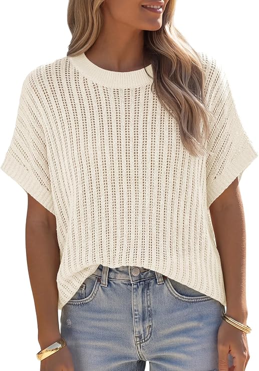 Saodimallsu Womens Crochet Tops Batwing Short Sleeve Summer Crew Neck Lightweight Loose Knit Pullover Sweater Top