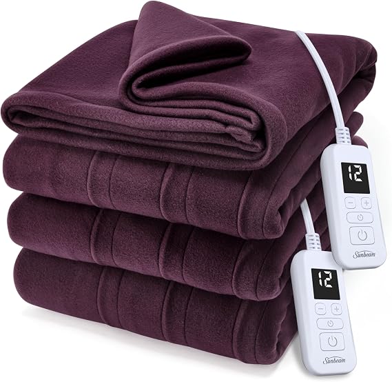 Sunbeam Royal Ultra Fleece Heated Electric Blanket King Size, 90" x 100", 12 Heat Settings, 12-Hour Selectable Auto Shut-Off, Fast Heating, Machine Washable, Warm and Cozy, Cabernet