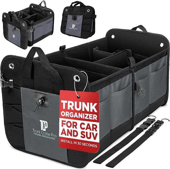 TRUNKCRATEPRO Multi Compartments Collapsible Portable Trunk Organizer for Car, Auto, SUV, Truck, Minivan New Version Charcoal. Gray