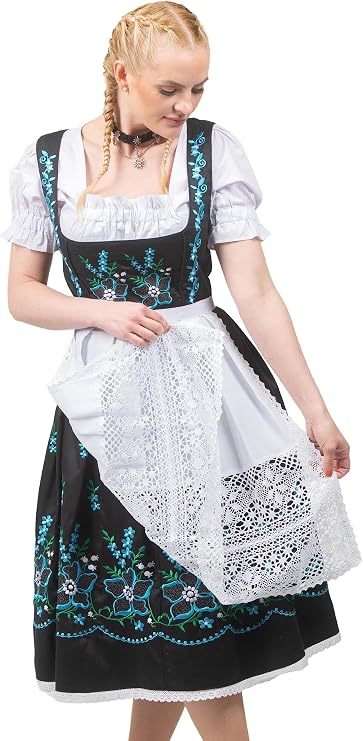 Dirndl Trachten Haus 3 Piece Womens Black Long German Dirndl Dress set For Oktoberfest & Halloween