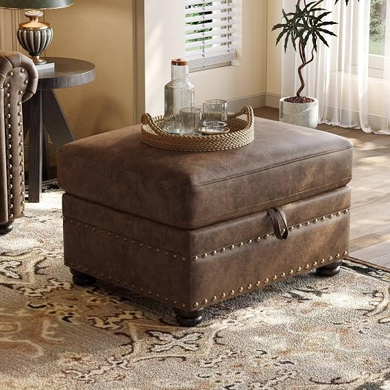 ONBRILL Faux Leather Ottoman with Storage, Rectangle Leather Foot Stool