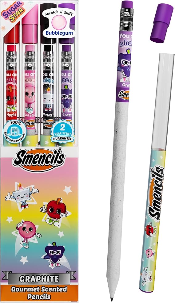Smencils Sugar Star Scented Pencils HB #2 Graphite Pencils Made from Recycled Newspapers, 4 Pack, Long-Lasting Gourmet Scents, Fun School Supplies & Gifts for Kids, Teachers, Classroom Rewards