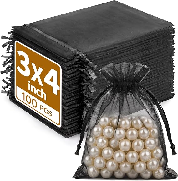 Crweety 100PCS Organza Bags 3x4, Black Small Gift Mesh Drawstring Bag Bulk | Use for Jewelry Candy Treat Sachets, Mini Party Favor Goodie Pouches, for Wedding Baby Bridal Shower Birthday & Halloween