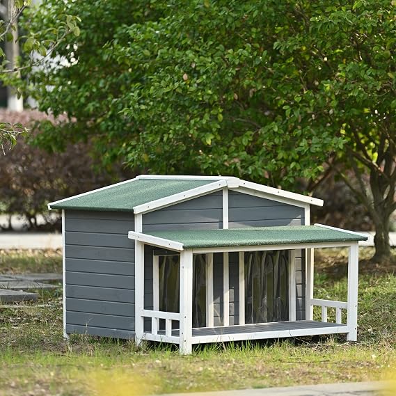 Runboll Wooden Large Dog House Outdoor Indoor Dog Cage Kennel with Porch, Elevated Floor, 2 Doors