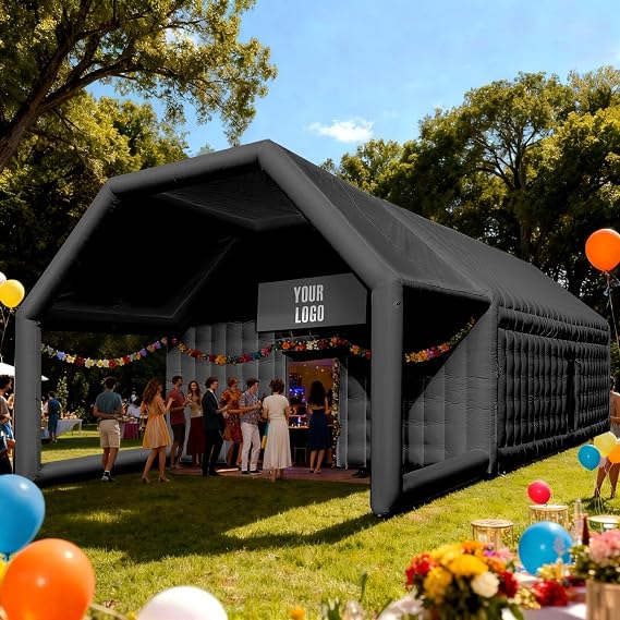 39x20x13Ft Inflatable Nightclub Party Tent with Additional Gazebo and Logo Area Black Inflatable Night Club Tent for Adults Wedding Birthday Raves Dance Floor Yard Party Business
