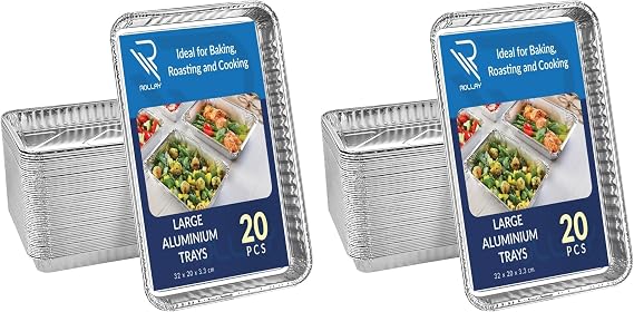 Rollay 40 Pack Large Aluminium Foil Trays (32x20x3.3 cm) - Tin Foil Trays Containers for Cooking, Baking, Broiling, Roasting, BBQ, and Party