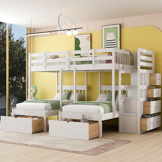 Harper & Bright Designs Triple Bunk Beds with Drawers and Stairs for Kids Teens, Wooden Full Over Twin Bunk Bed with High Length Guardrails, Space Saving, No Box Spring Needed, White