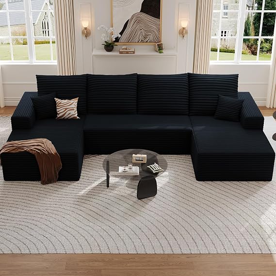 Modular Sectional Sofa for Living Room, 134x69.7 Oversized U-Shaped Cloud Couch with 9 Pillows, Fluffy Deep-Seat Corduroy Sofa with Left & Right Chaise Lounges, No Assembly Required (Black)