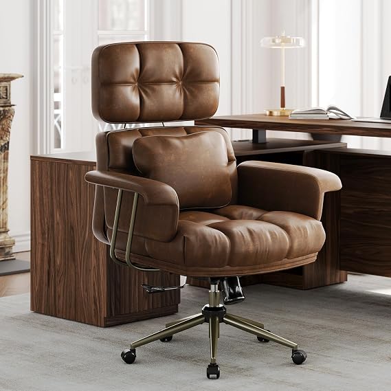 Big and Tall Executive Office Chair, PU Leather Ergonomic Chair with Thick Cushion & Lumbar Support, Comfy Mid Century Swivel Computer Chair for Home Office, Brown