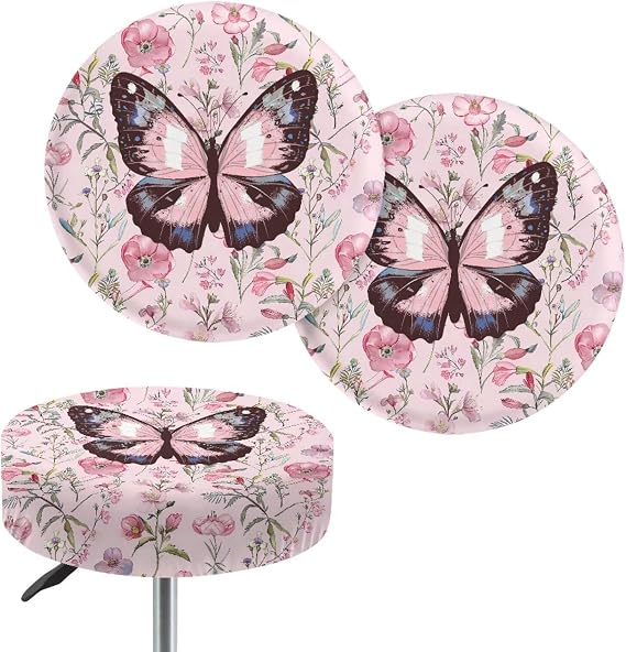 Butterfly Round Bar Stool Covers with Elastic Band Pink Floral Elastic Bar Stool Slipcovers to Keep Clean Non-Slip Elastic Stool Covers Round Set of 2 Round Stool Covers for Home Decor