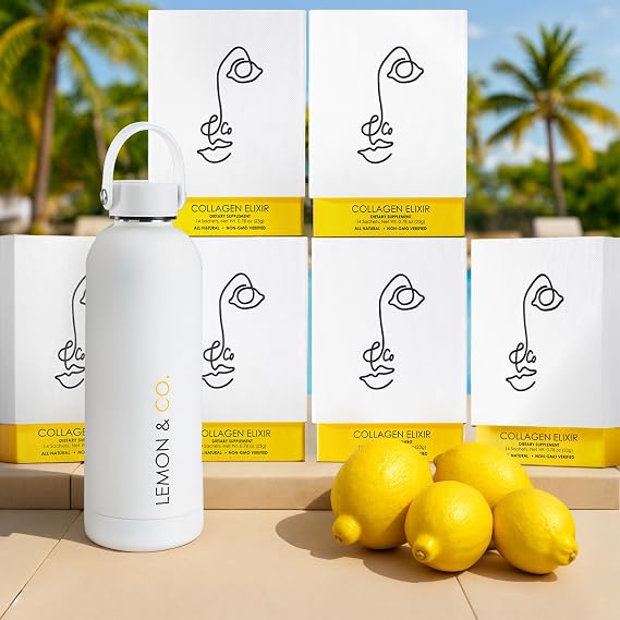 LEMON & CO. 12-Week Starter Kit Bundle Liquid Collagen for Women + Insulated Bottle - 5000mg Marine Collagen Peptides for Skin, Nails, Hair &