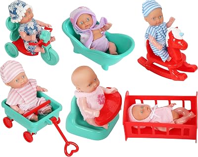 fash n kolor, 6 Mini Doll Set - 5 Inch Baby Girl Toy - Princess Toys Dolls - Baby Doll Crib, High Chair, Bathtub, Horse See Saw, Wagon and Bike Accessories - Dolls for 3 Year Old Girls
