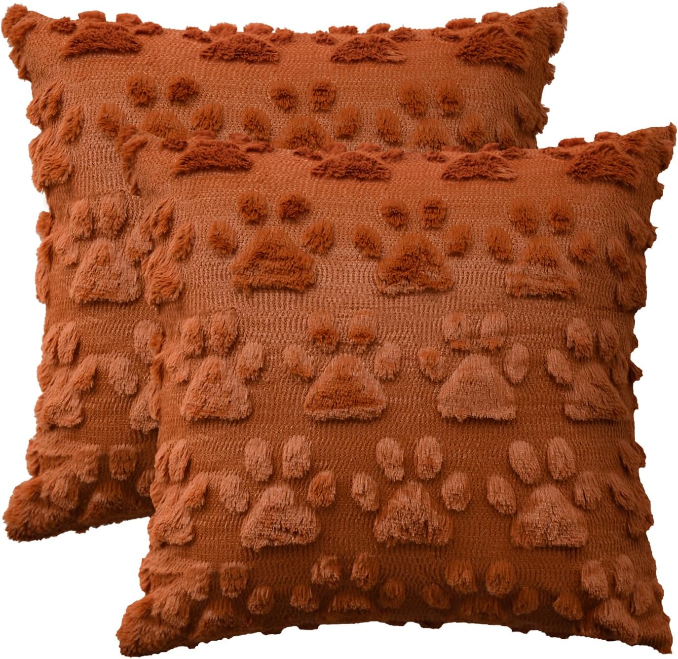 AVOIN colorlife Dog Paws Farmhouse Caramel Fall Throw Pillow Covers, 18 x 18 Inch Soft Plush Faux Fur Jacquard Cushion Case Party Decoration Set of 2