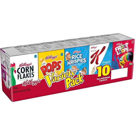 Kellogg's Breakfast Cereal Assorted Variety Pack, Corn Flakes, Frosted Flakes, Frosted Mini-Wheats Original, Raisin Bran, Froot Loops, Corn Pops, Rice Krispies, Special K Original, Single Serve, 10.94 oz (10 Count)