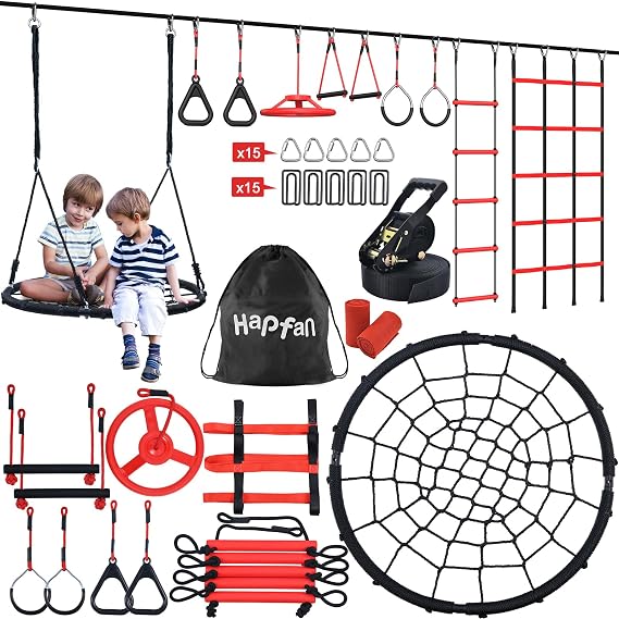 50 ft Ninja Warrior Obstacle Course for Kids with Spider Tree Swing | Slackline Swing Set Jungle Gym Between Trees Adjustable, Weatherproof Obstacles, 880lbs Capacity