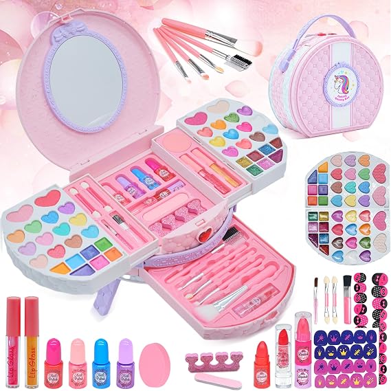Kids Makeup Sets for Girls with Dresser Vanity Case Girls Makeup Sets | Washable and Safe Makeup for Kids, Christmas Birthday Gifts Toys for 4 5 6 7 8 9 Year Old Girl(Pink Purple)