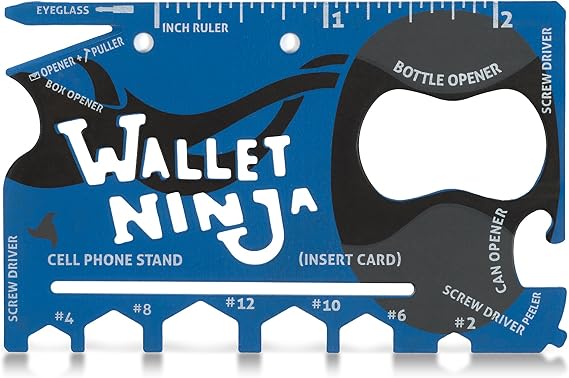 Wallet Ninja Multitool Card 18 in 1 Credit Card Size Multi-Tool for Quick Repairs, EDC Survival Gear, Bottle Opener, Camping Cool Gadget and Stocking Stuffer (Blue)