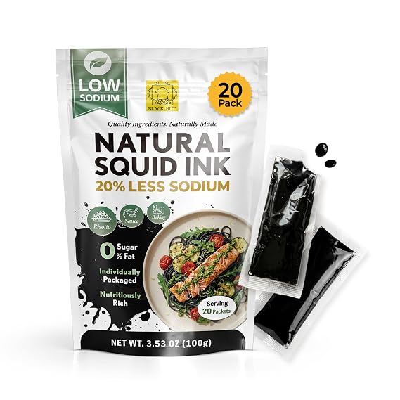 Black Hut Low Sodium Squid Ink for Cooking, 5g x 20 Pack, 3.53 oz | 20% Less Sodium, Squid Ink Pasta, Black Food Coloring, Calamari Ink for Rice Noodles Spaghetti Risotto, Halal Certificate