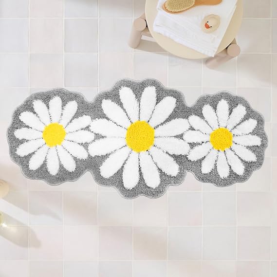 Aesthetic Grey Bathroom Rugs Runner Daisy Bedroom Area Runner Rug Cute Long Bath Mat Flower Rug Floral Non Slip Bathmat Absorbent Long Bathroom Mat Gray Bathroom Decor Rooms Sink Bathtub 24"x51"