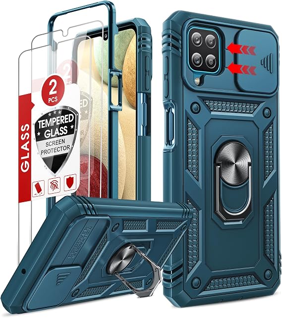LeYi Compatible for Samsung Galaxy A12 Phone Case: Samsung A12 Phone Case with Slide Camera Cover + [2 Packs] Screen Protector, 360 Heavy Duty Protective Shockproof Case with Kickstand for A12, Blue