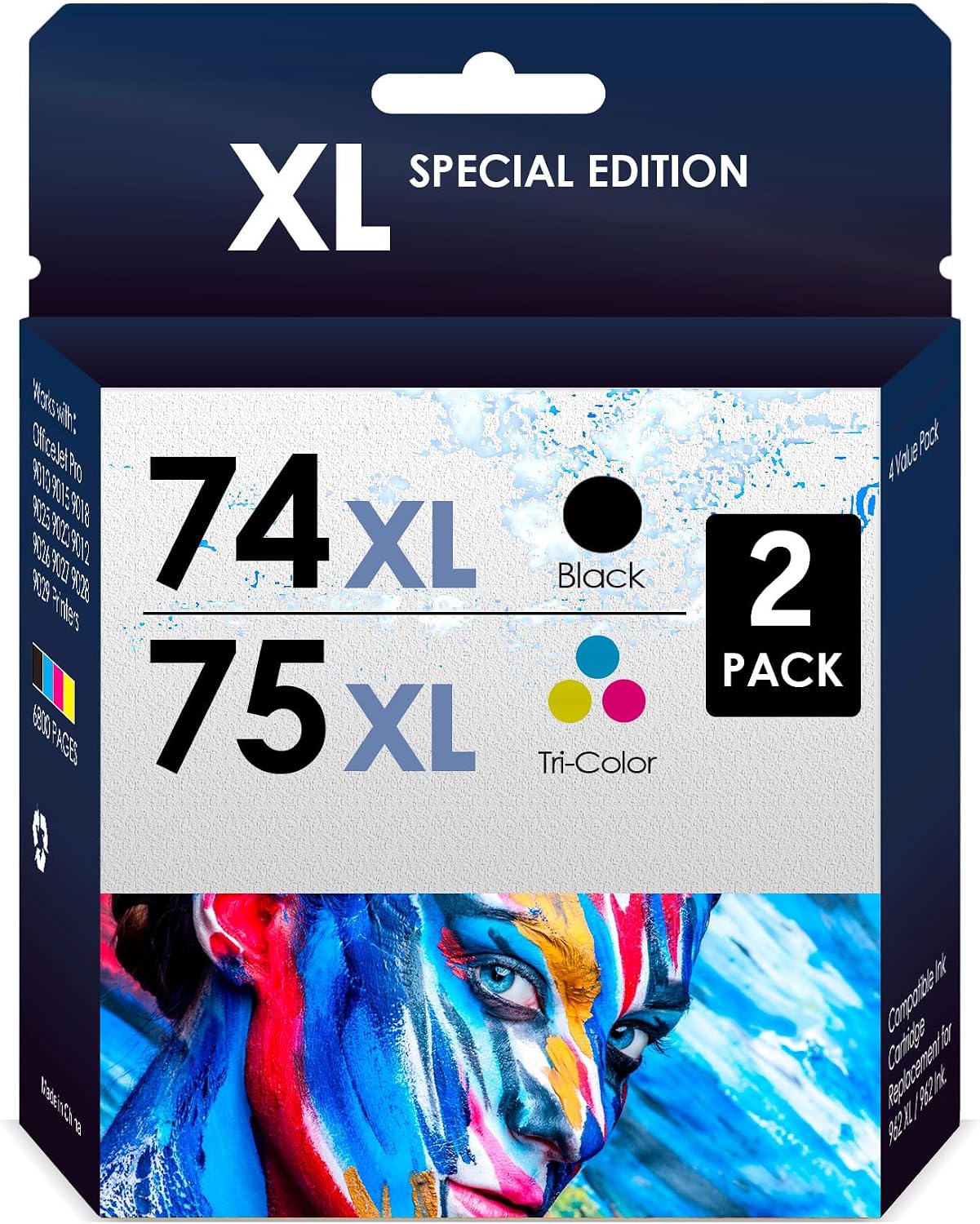 Ink Cartridges HP 7475XL. Works with HP Deskjet D4260 D4360, Officejet J6480 J5780 Photosmart C4280 C5280 C4480 Printers. 3 Pack 2xBlack, Tri-Color