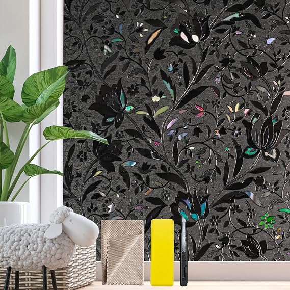 Bloss Window Film, Window Privacy Film Frosted, Vinyl Glass Covering, Stained Glass Decorative Film, Static Window Clings, Non-Adhesive (Black/Tulip, 17.7" x 78.7")