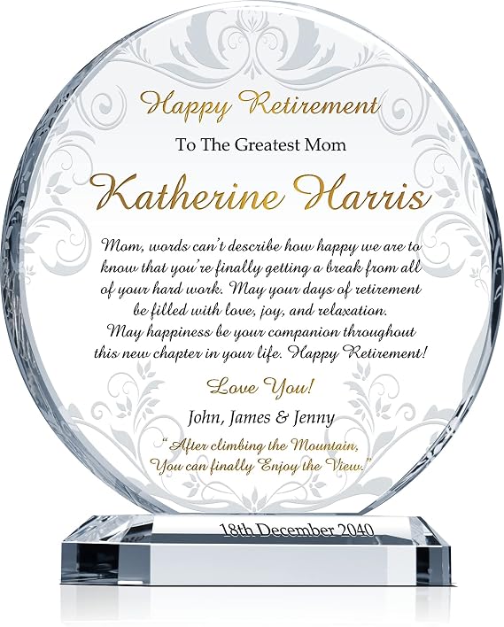 Personalized Crystal Retirement Gift Plaque for Mom, Customized with Mom & Children's Names, Retirement Date, Unique Award Plaque to Thank and Congratulate Mother on Her Retirement (M - 6.5")