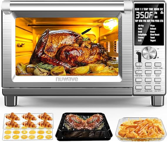 Nuwave Bravo Air Fryer Toaster Smart Oven, 12-in-1 Countertop Convection, 30-QT XL Capacity, 50-500F Temperature Controls, Top and Bottom Heater Adjustments 0%-100%, Brushed Stainless Steel Look