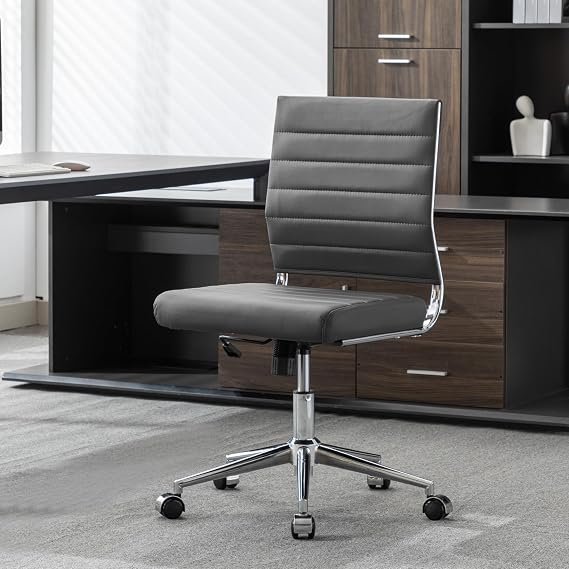 Okeysen Armless Office Desk Chair, Mid Back Leather Conference Room Chairs Without Armrests, Modern Office Chair Ribbed.