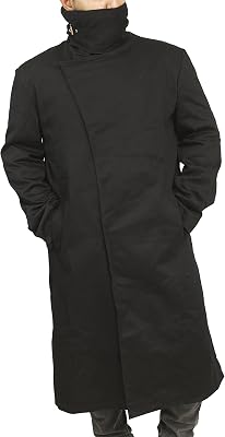Mens Officer Black Cotton Duster Coat - Black Fur Collar Cosplay Costume Long Canvas Jacket