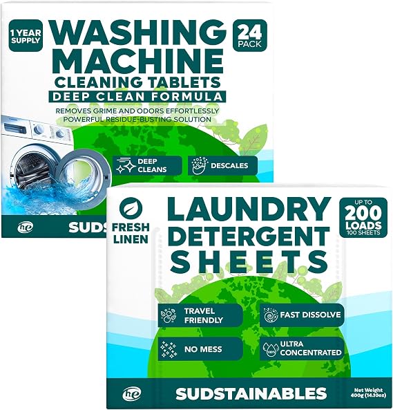 Washing Machine Cleaning tablets bundle with 100 Sheets Fresh Linen Laundry Detergent