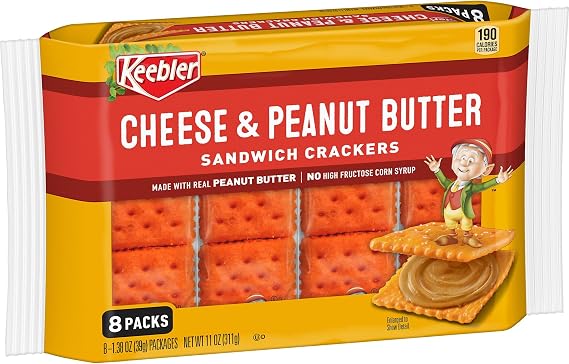 Keebler Sandwich Crackers, Single Serve Snack Crackers, Office and Kids Snacks, Cheese and Peanut Butter, 11oz Tray 8 Pack