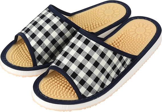 JNE Indoor Open Toe Non-Slip Acupressure Reflexology Massage Slippers (Recommended for..(Size up to: Women 6.5/Men 5), CheckPattern-Black)