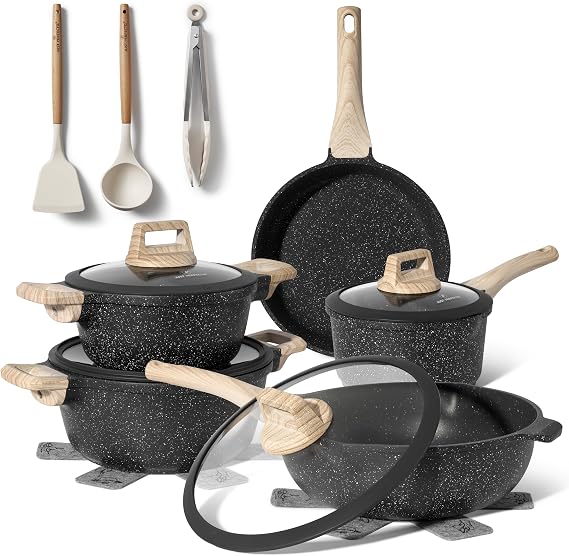 Just Perfecto Induction Pots Set – Pan Set with Lid – Induction Pots Set – Pots & Pans Set without PTFE and PFOA – Scratch Protection Silicone Cookware Pot Set Induction 14 Pieces Black