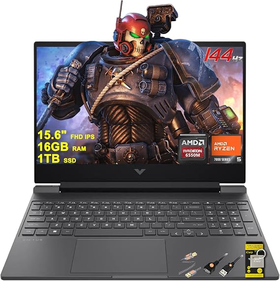 HP Victus 15 Gaming Laptop 15.6 FHD IPS 144Hz AMD FreeSync Premium AMD 6-core Ryzen 5 7535HS 16GB DDR5 1TB SSD Radeon RX 6550M >RTX3050 Backlit Type-C Fast Charge Win11 ICP Accessory