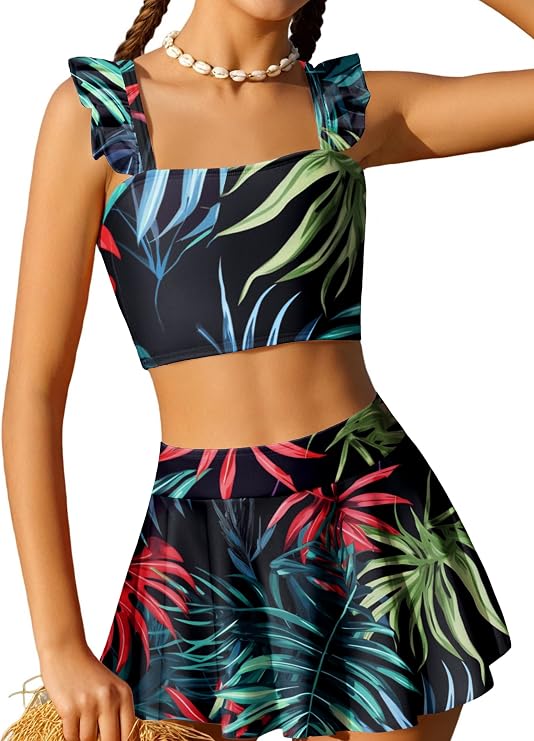 Arshiner Girls Swimsuit 3 Piece Bathing Suits Cute Bikini Tankini Sets Teen Ruffle Swimwear with Cover Up Skirt