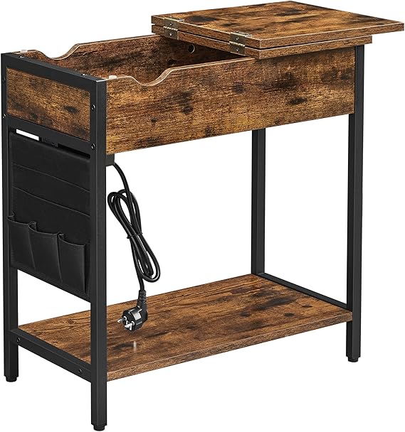Vasagle Electric Coffee Table, Side Table, Folding Table, Bedside Table, Electric Socket, Fabric Item Bag, Vintage, Brown - Black, LET311B01