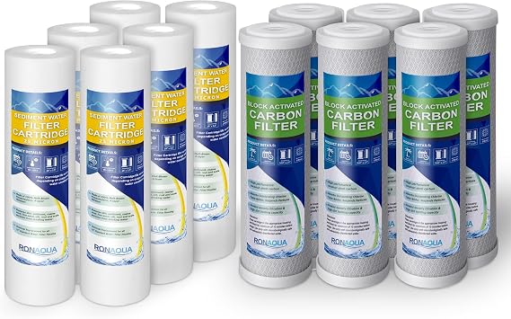 Polypropylene Sediment Water Filter Cartridge 6 Pack, 25 Micron 4 Layers of Filtration 10"x 2.5" & 6 Pack Block Activated Carbon Coconut Shell Filters, Removes Sand, Dirt, Silt, Rust, Chlorine, Taste
