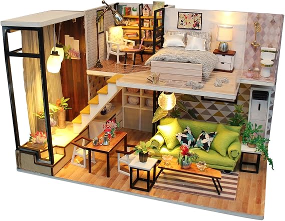 Miniature Home Making Set – Wooden DIY Model Hobby Kit 2 Tiers Model with – LED Lights – DIY Decorative Model Home – Adult Special Gift