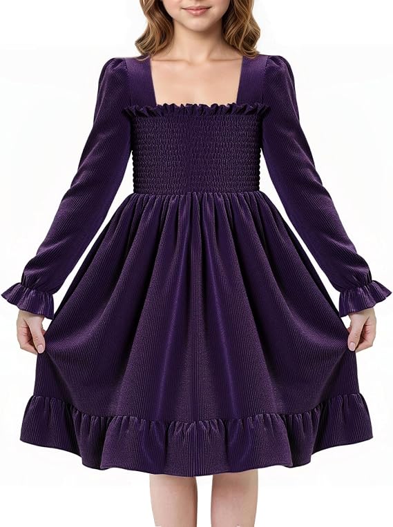 JiAmy Toddler Velvet Dress Girls Puff Long Sleeve Smocked Square Neck Spring Casual Dresses