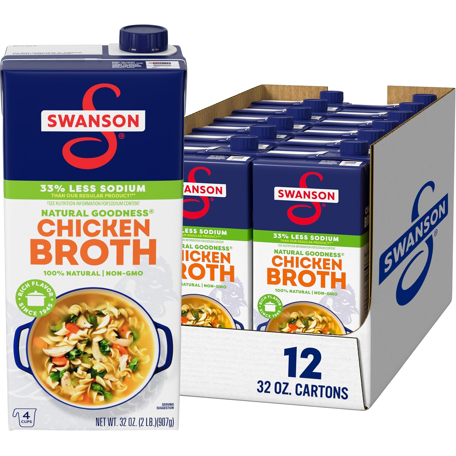 Swanson Natural Goodness Lower Sodium Chicken Broth, 32 oz Carton 12 Pack
