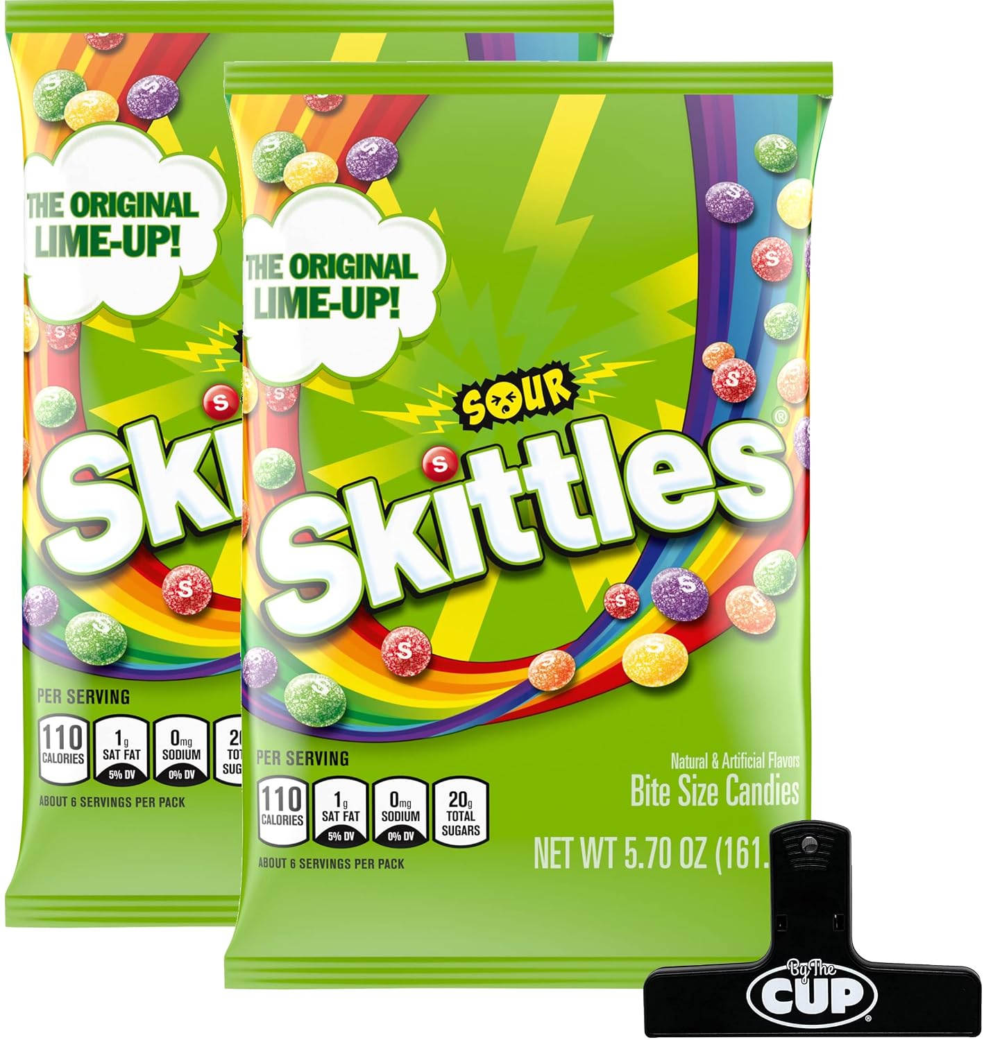 Sour Skittles Candy, 5.7 Ounce Pack of 2 with By The Cup Bag Clip