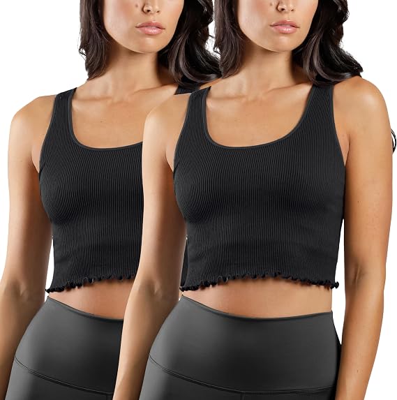 90 Degree By Reflex Ribbed Lettuce Edge Cropped Tank Top Long Line Bra - 2 Pack
